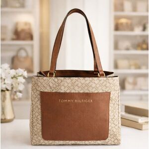 Tommy Hilfiger Signature Tote Tan Brown Leather Trim Shoulder Bag